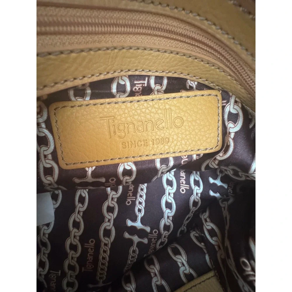 Tignanello Mustard Yellow Pebbled Leather Satchel Buckle Handbag Silver Hardware